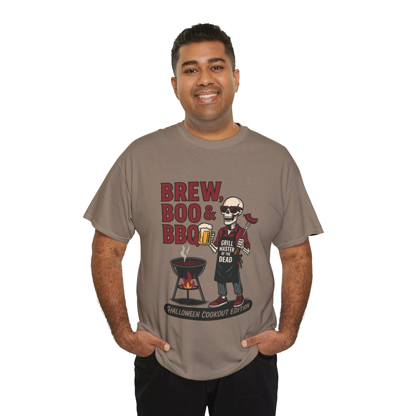 Halloween BBQ Men's T-Shirt, Brew Boo & BBQ Skeleton Grill Master Tee, Funny Dad Gift, Grill Master Tee, Grill Dad Halloween