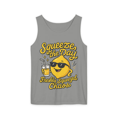 Squeeze The Day Womens Tank Top - Funny Lemon Pun Shirt - Freshly Squeezed Chaos Summer Citrus Top, Casual Beachwear, Fun Summer Apparel