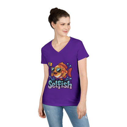 Ladies' V-Neck T-Shirt, Funny Selfie Fish Graphic Womens Tee, Playful Pun Gift for Her, Summer Vibes, Unique Beach Shirt, Outdoor Adventures