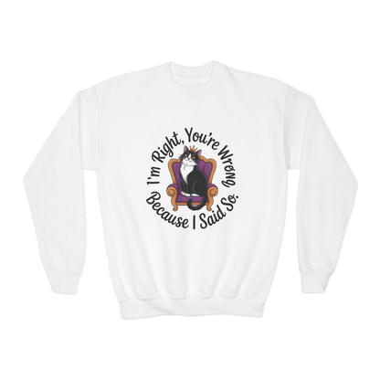 Youth Crewneck Sweatshirt, Funny Cat Sweatshirt for Girls, Im Right Youre Wrong, Tween Girl Attitude Pullover, Cute Gift for Cat Lovers