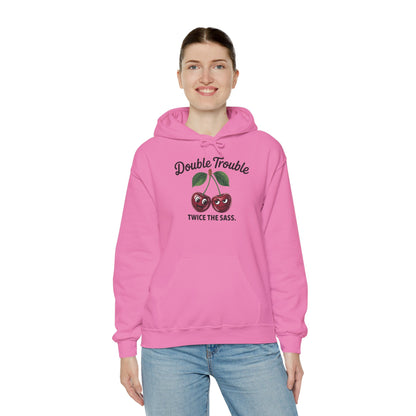 Double Trouble Cherry Hoodie, Cute Funny Womens Hooded Sweatshirt, Twice The Sass Fruit Graphic Pullover, Sassy Cherry Hooded Top