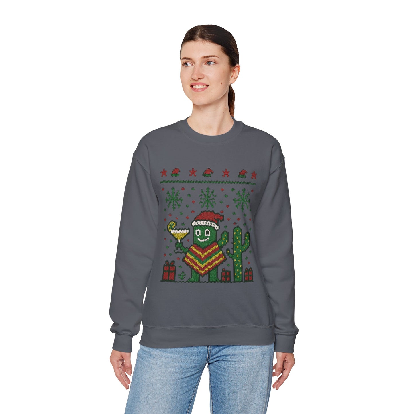 Festive Cactus Christmas Women's Sweatshirt, Funny Santa Hat Holiday Pullover, Women's Heavy Blend™ Crewneck Sweatshirt