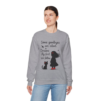 Cozy Farewell Girl & Cat Pullover, Hand Drawn Red Dress Art, Minimalist Womens Crewneck