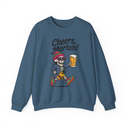 Cheers Mortals! Mens Crewneck Sweatshirt, Skeleton Beer Pullover with Hood, Drinking Humor Sweatshirt, Party Gift for Him, Halloween Apparel