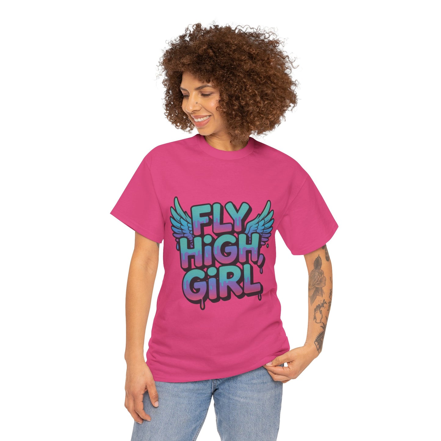 Womens Graphic Tee Fly High Girl, Angel Wings Graffiti Drip T-Shirt, Bold Streetwear Top