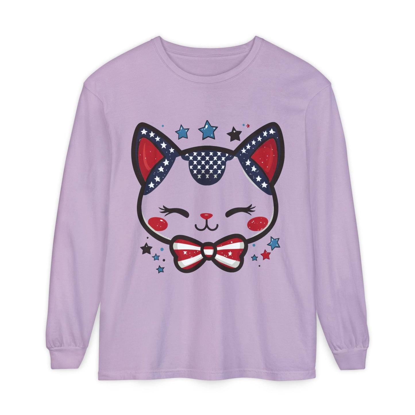 Cute Patriotic Cat Long Sleeve Women's T-Shirt, Fourth of July, Cat Lovers Gift, Casual Wear, Perfect for Holidays and Celebrations