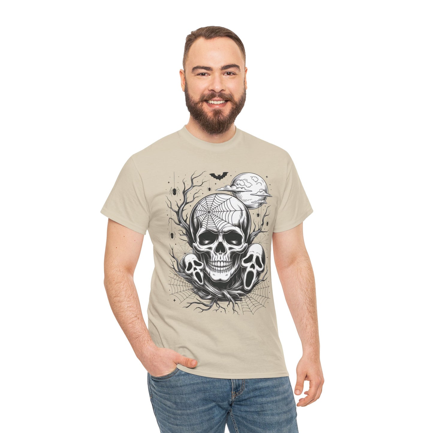 Men's Gothic Skull T-Shirt, Halloween Graphic Tee, Spider Web & Moon Horror Shirt, Spooky Skull Graphic Top for Him