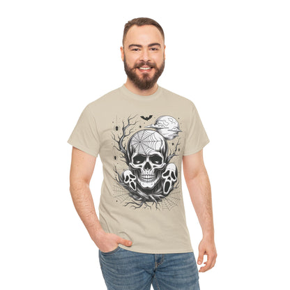 Men's Gothic Skull T-Shirt, Halloween Graphic Tee, Spider Web & Moon Horror Shirt, Spooky Skull Graphic Top for Him