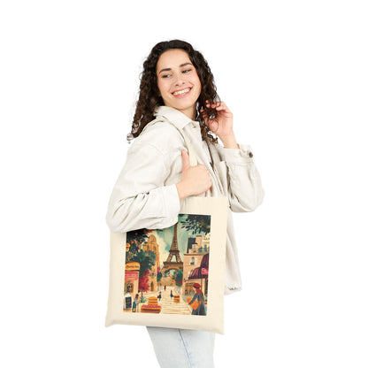 Parisian Scene Cotton Canvas Tote Bag, Eco-Friendly Shopping Tote, Travel Bag, Gift for Her, Fashionable Carryall