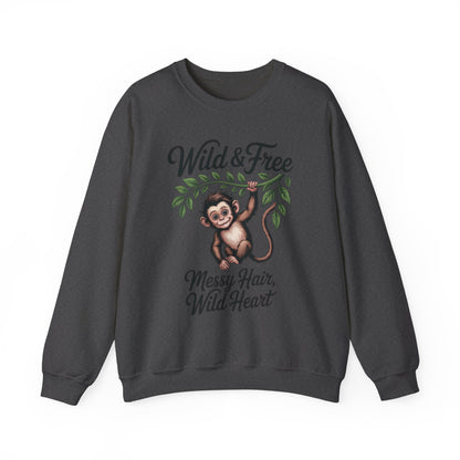 Wild & Free Monkey Sweatshirt, Messy Hair Wild Heart Womens Pullover, Cute Jungle Animal Sweater, Boho Adventure Graphic, Nature Lover Gift