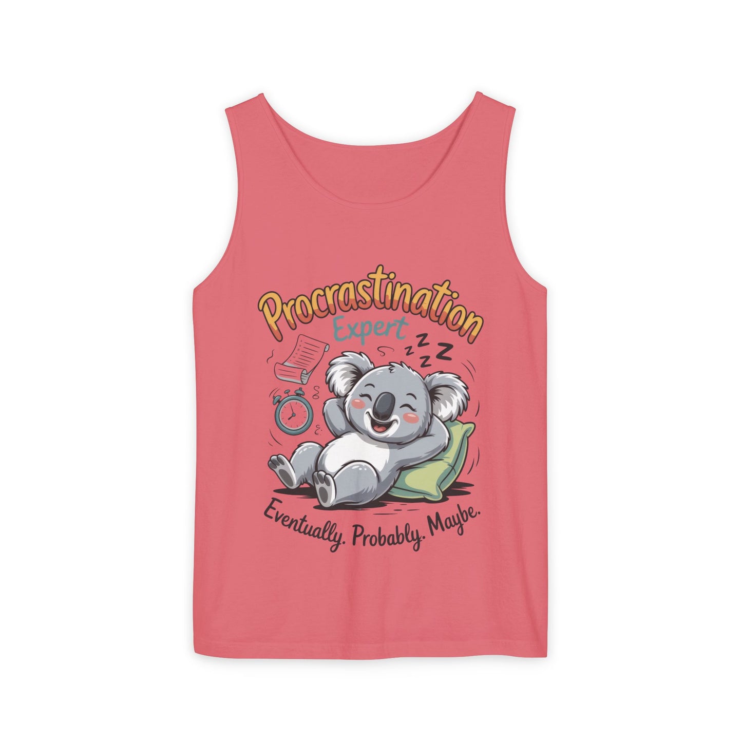 Procrastination Expert Womens Tank Top, Funny Gift for Lazy Days, Relaxed Fit Tee, Casual Summer Wear, Koala Graphic Top, Motivational Apparel