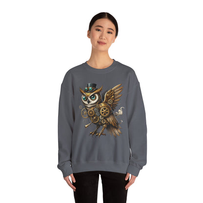 Steampunk Owl Unisex Crewneck Sweatshirt, Vintage Mechanical Gears Fantasy Bird Graphic Pullover, Gift for Owl Lovers