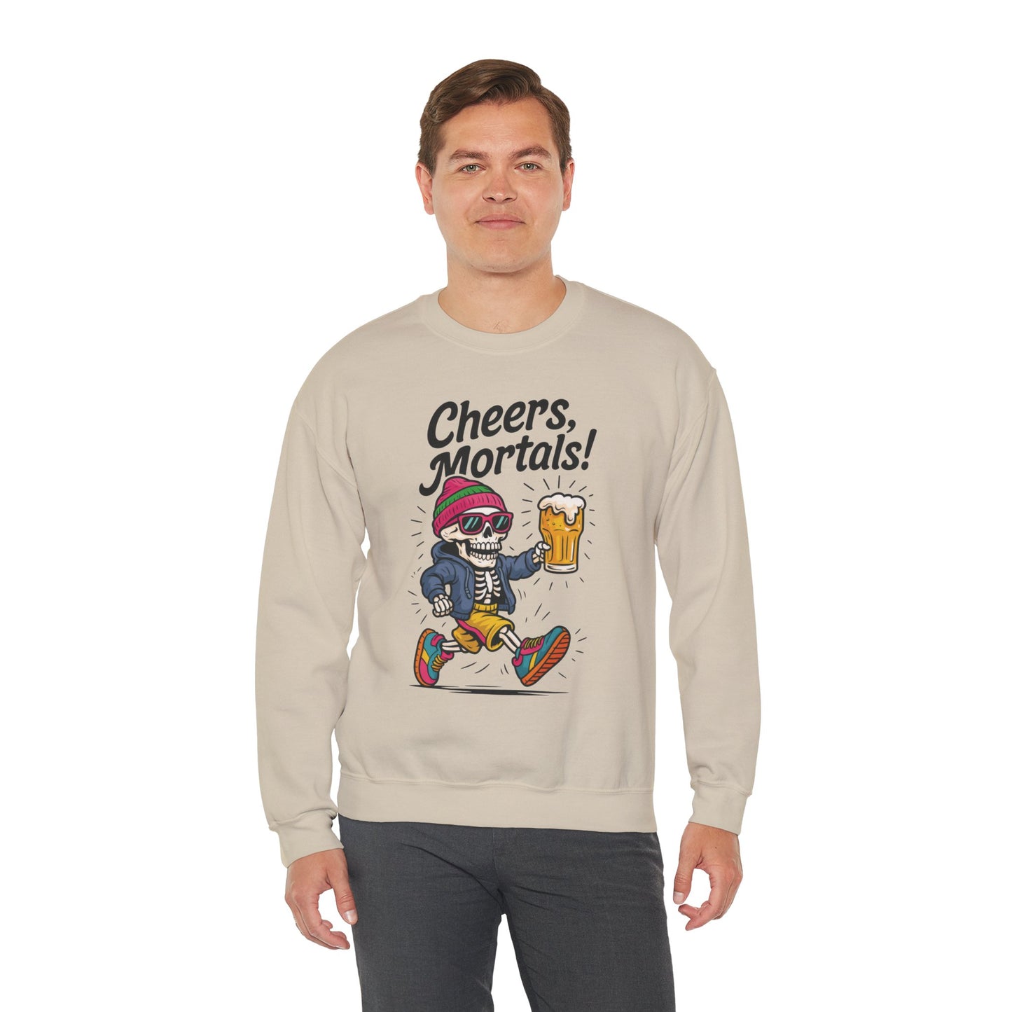 Cheers Mortals! Mens Crewneck Sweatshirt, Skeleton Beer Pullover with Hood, Drinking Humor Sweatshirt, Party Gift for Him, Halloween Apparel