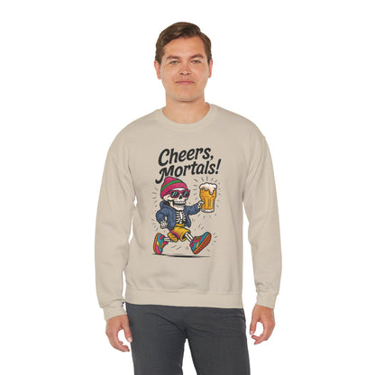 Cheers Mortals! Mens Crewneck Sweatshirt, Skeleton Beer Pullover with Hood, Drinking Humor Sweatshirt, Party Gift for Him, Halloween Apparel