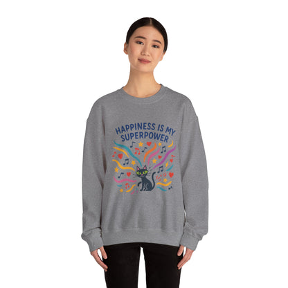 Playful Cat Crewneck Womens Sweatshirt, Happiness is My Superpower, Cozy Sweatshirt, Gift for Cat Lovers, Fun Casual Style, Unique Animal Design