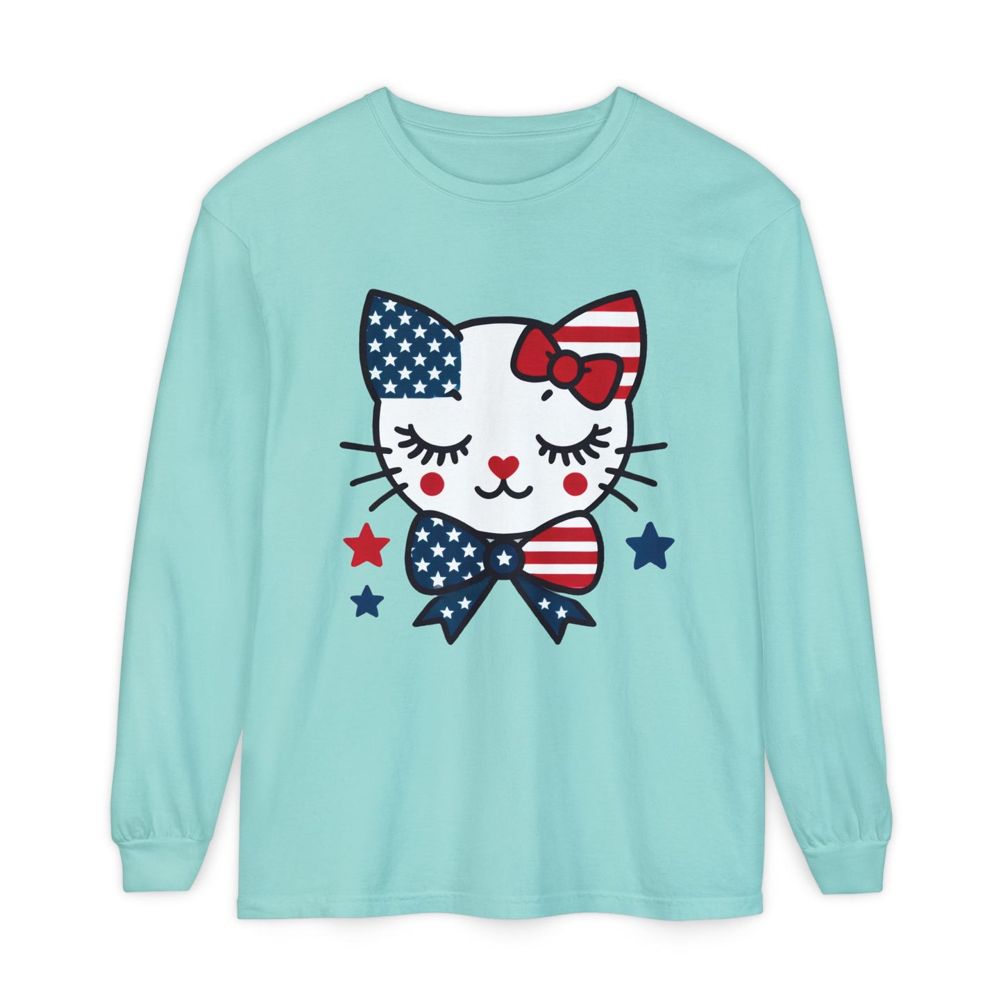 Patriotic Cat Long Sleeve T-Shirt, Women's Tee, Perfect for Fourth of July, Animal Lover Gift, Cozy Casual Wear, Holiday Apparel