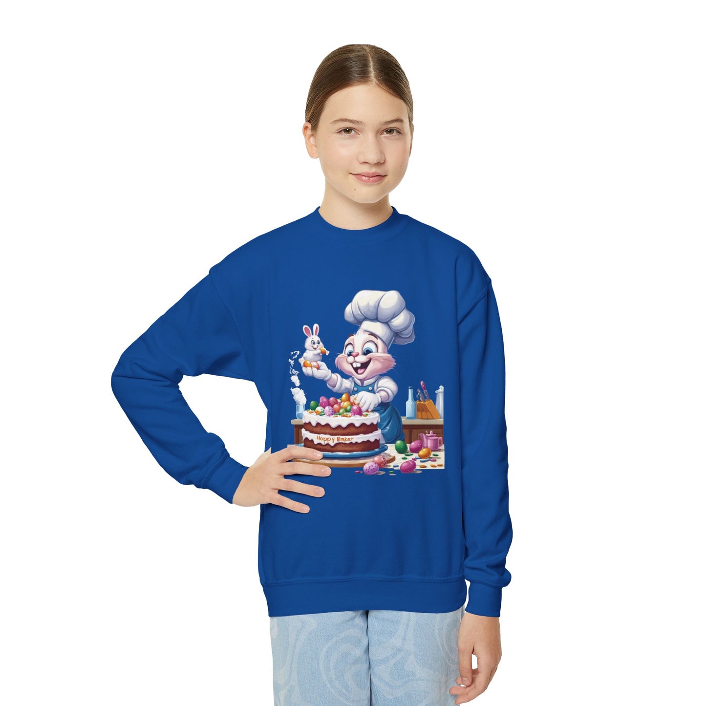 Hoppy Baker Easter Bunny Youth Sweatshirt - Cute Spring Crewneck for Kids with Chef Bunny and Cake, Fun Holiday Gift for Easter Lovers