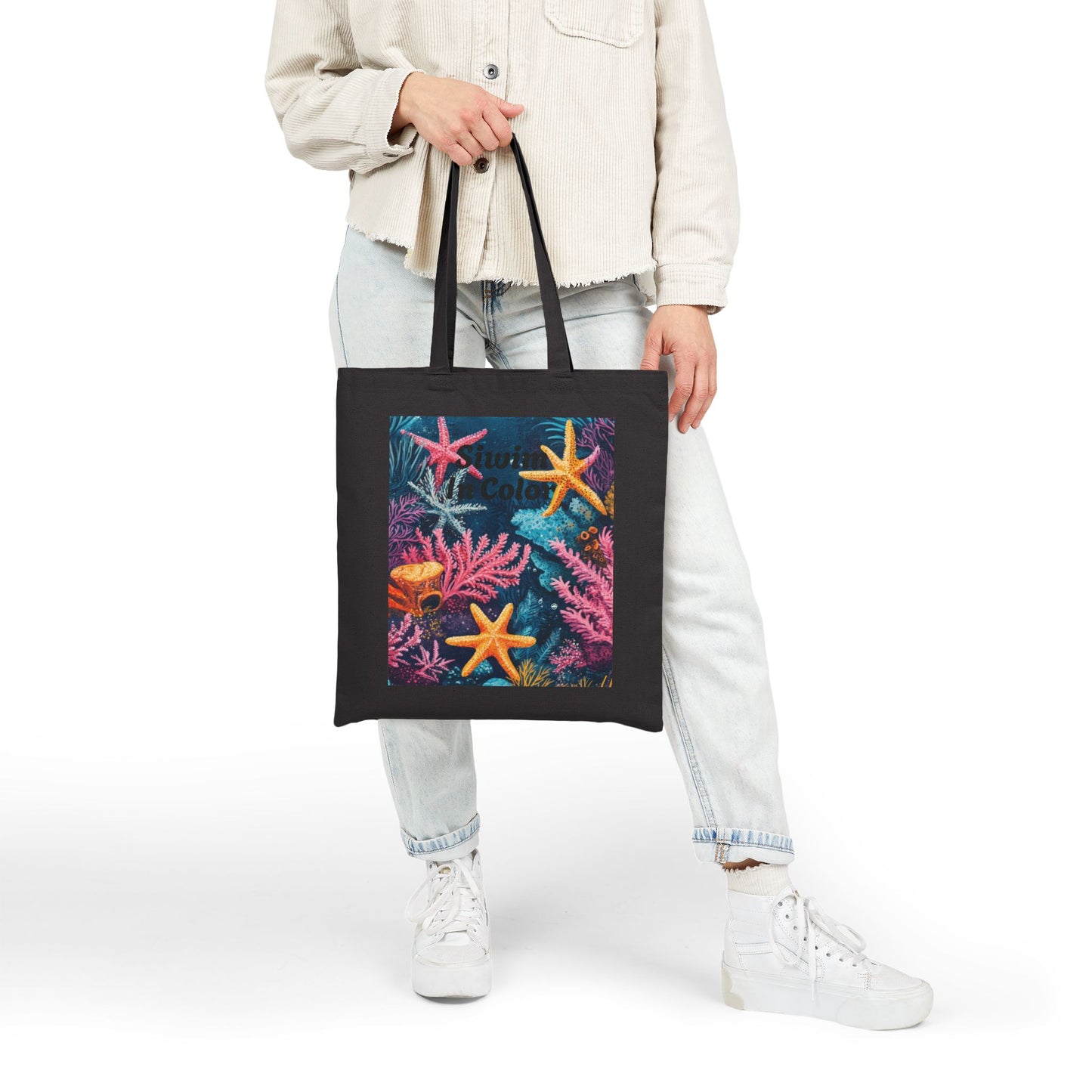 Ocean-Inspired Cotton Canvas Tote Bag, Artistic Starfish Design, Eco-Friendly Carryall, Beach Day Essential, Summer Gift, Boho Style