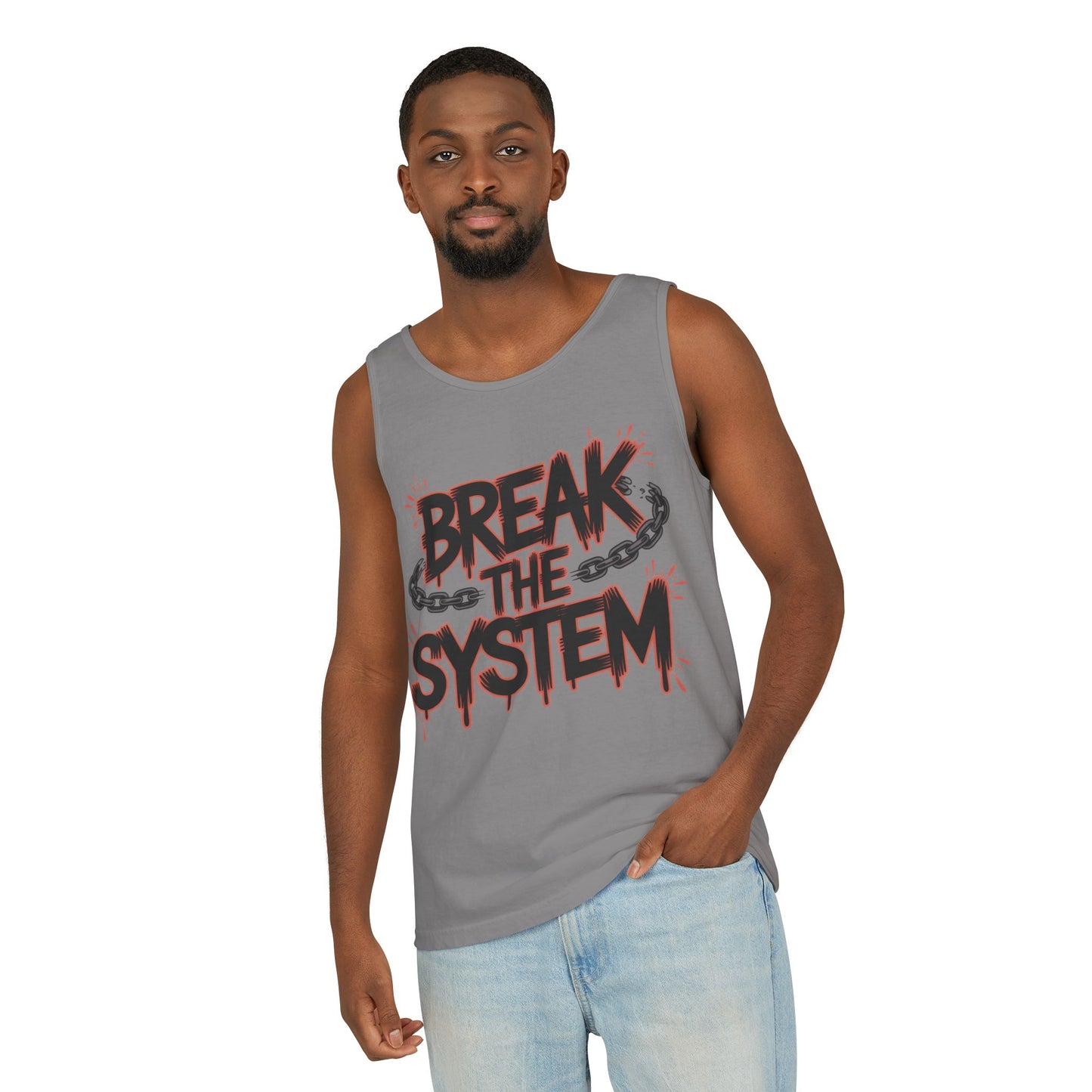 Men's Garment-Dyed Tank Top, Break the System Tank Top, Graphic Protest Muscle Tee, Streetwear Activist Summer Top