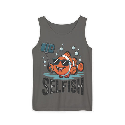 Mens Garment-Dyed Tank Top, Mens Selfish Funny Fish Tank Top, Cute Selfie Graphic Shirt, Ocean Humor Top