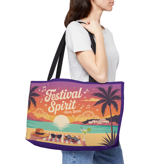 Festival Spirit Weekender Tote Bag, Beach Bag, Travel Tote, Summer Getaway, Vacation Essentials, Ibiza, Spain themed beach bag
