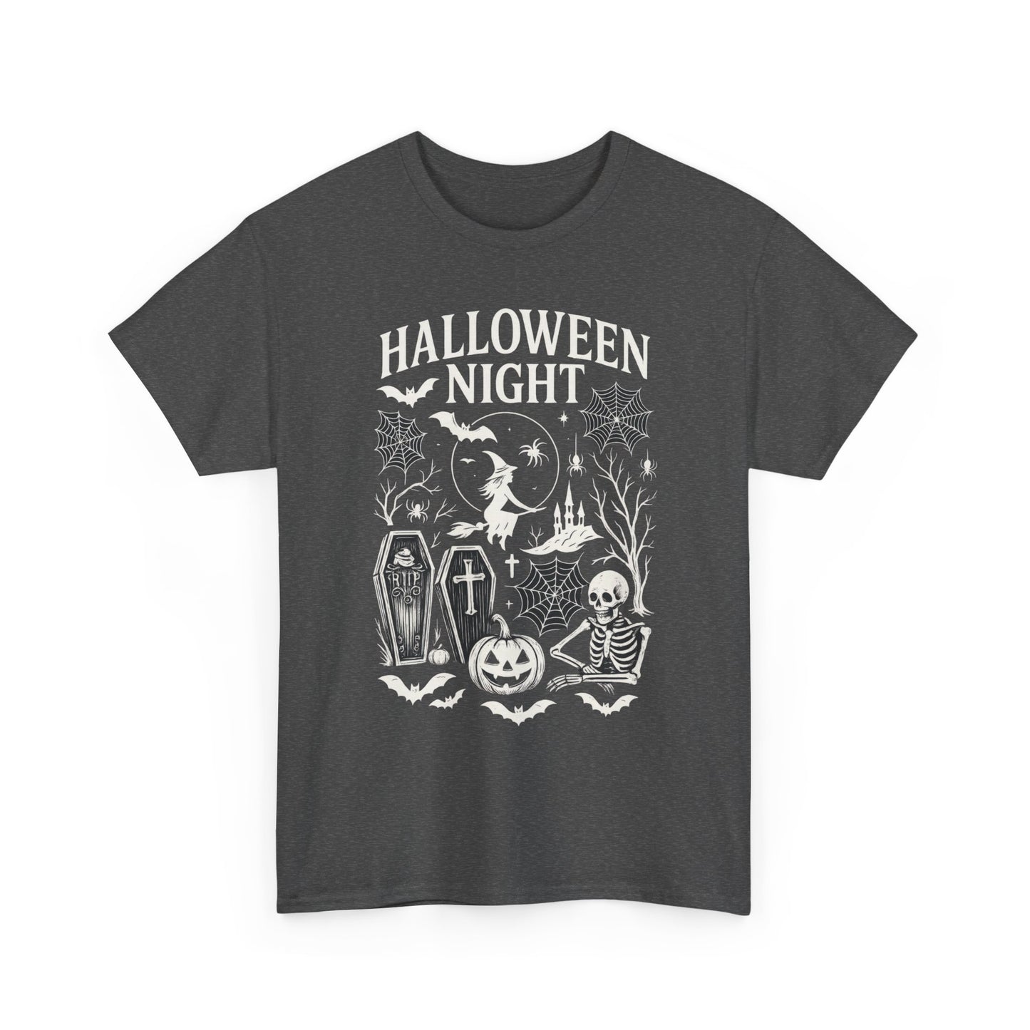 Halloween Night Women's T-Shirt, Gothic Witch Skeleton Pumpkin Tee, Spooky Scary Shirt for Halloween Party
