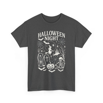 Halloween Night Women's T-Shirt, Gothic Witch Skeleton Pumpkin Tee, Spooky Scary Shirt for Halloween Party