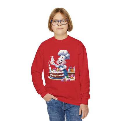 Hoppy Baker Easter Bunny Youth Sweatshirt - Cute Spring Crewneck for Kids with Chef Bunny and Cake, Fun Holiday Gift for Easter Lovers