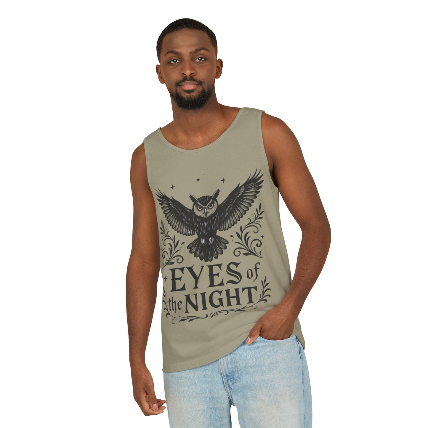 Eyes of the Night Owl Tank Top, Mens Summer Wear, Boho Aesthetic, Festival Outfit, Nature Lover Gift, Halloween Apparel
