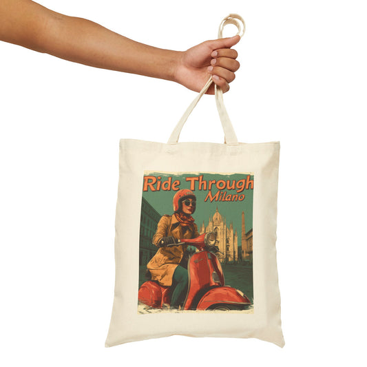Vintage Milan Scooter Cotton Canvas Tote Bag, Retro Shopping Tote, Eco-Friendly Grocery Bag, Travel Bag, Gift for Her