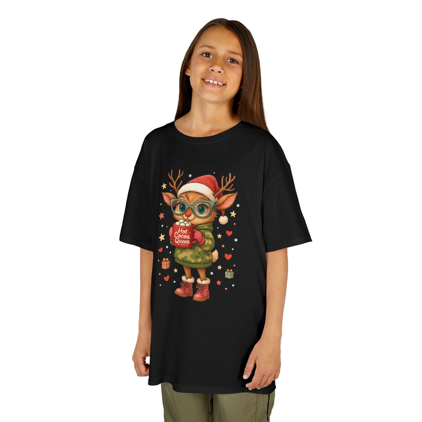Hot Cocoa Queen Christmas T-Shirt for Girls, Cute Holiday Reindeer Tee